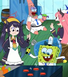  2boys 2girls absurdres apron black_hair black_horns blue_archive blue_eyes breasts commentary_request cooking creammilk_tea crossover demon_horns east-west_crossover fuuka_(blue_archive) grill grilling hair_between_eyes hair_on_horn halo headscarf highres holding holding_ladle horns juri_(blue_archive) ladle long_hair long_sleeves multicolored_necktie multiple_boys multiple_girls necktie ocean official_style open_mouth pan-chan_(blue_archive) parody patrick_star pink_hair pleated_skirt pointy_ears red_eyes red_halo ribbon-trimmed_apron ribbon_trim school_uniform serafuku sidelocks skirt spongebob_squarepants spongebob_squarepants_(series) starfish stephen_hillenburg_(style) style_parody submerged teeth toon_(style) twintails white_apron yellow_headscarf 