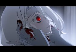  1boy 1girl adashino_adami bandaged_head bandages bbabbamis2 blood blood_on_hand constricted_pupils grey_background hands_on_another's_cheeks hands_on_another's_face homicipher hood hood_up indoors letterboxed looking_to_the_side mr._crawling out_of_frame portrait raincoat red_eyes ringed_eyes short_hair white_hair 