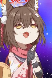  1girl 2657314861 :3 :d animal_ear_fluff black_gloves blue_archive brown_hair commentary deformed eyeliner fingerless_gloves fishnet_sleeves fishnets fox fox_girl gloves hair_between_eyes hair_ornament halo highres izuna_(blue_archive) light_particles makeup open_mouth own_hands_clasped own_hands_together red_eyeliner red_halo red_scarf scarf smile untranslatable_commentary yellow_eyes 