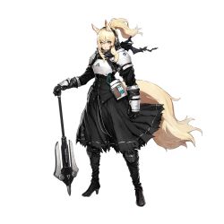  1girl animal_ear_fluff animal_ears arknights armor axe black_boots black_dress black_gloves black_jacket black_scarf black_skirt blonde_hair boots breastplate breasts closed_mouth dress elbow_gloves expressionless floating_hair full_body gauntlets gloves hair_between_eyes headset high_heel_boots high_heels holding holding_weapon horse_ears horse_girl horse_tail jacket knee_pads large_breasts long_hair looking_at_viewer nearl_(arknights) official_art orange_eyes pauldrons ponytail ryuuzaki_ichi scarf shoulder_armor sidelocks skirt solo tachi-e tail third-party_source torn_clothes torn_scarf transparent_background weapon white_armor wind yellow_eyes 
