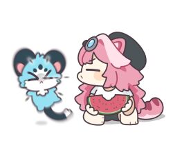  >_< 1girl animal_ears beret black_hat black_shorts blush chattino_(raora_panthera) chibi chibi_only closed_eyes commentary food fruit goggles goggles_on_head hat hololive hololive_english long_hair multicolored_hair panther_ears panther_girl panther_tail pink_hair pink_tail raora_panthera shirt short_sleeves shorts simple_background sitting spitting spitting_seed streaked_hair tail thighs underdatv virtual_youtuber watermelon watermelon_seeds watermelon_slice white_background white_shirt 