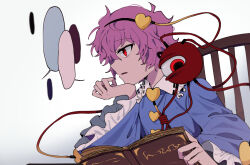  1girl black_hairband black_ribbon blank_speech_bubble blue_shirt book buttons disembodied_linked_eye frilled_shirt_collar frilled_sleeves frills hair_ornament hairband heart heart_button heart_hair_ornament highres holding holding_book komeiji_satori long_sleeves pink_hair red_eyes ribbon ribbon-trimmed_collar ribbon_trim sample_watermark shirt short_hair speech_bubble starjinxin touhou watermark white_background wide_sleeves 