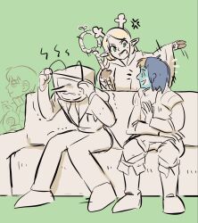 1girl 3boys anger_vein ant_tenna antlers aqua_skin armor blonde_hair blue_hair chilchuck_tims colored_skin commentary_request cosplay couch crossover deer_antlers deltarune dungeon_meshi green_background green_eyes highres holding holding_staff horns kris_(deltarune) kris_(deltarune)_(cosplay) laios_touden marcille_donato multiple_boys nm4upn noelle_holiday noelle_holiday_(cosplay) on_couch pointy_ears pointy_nose sitting staff utdr_(toby_fox) wig 