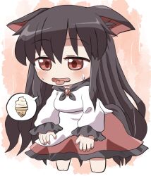  1girl animal_ear_fluff animal_ears barefoot black_hair blush chibi chibi_only commentary_request dress food frilled_dress frilled_sleeves frills full_body hair_between_eyes highres ice_cream imaizumi_kagerou long_hair long_sleeves open_mouth orange_background red_dress red_eyes rokugou_daisuke signature solo spoken_food standing sweat tail tongue tongue_out touhou two-tone_dress very_long_hair white_dress wolf_ears wolf_girl wolf_tail 