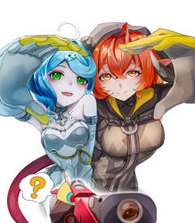  1other 2girls ? absurdres ahoge bare_shoulders binryoart black_hat black_horns blue_eyes blue_hair blush closed_mouth curled_horns dragon_girl dragon_horns elbow_gloves flower_hairpin gloves green_eyes hair_between_eyes hair_ornament hairclip hat heart heart_hands heart_hands_duo highres horns long_hair looking_at_viewer magus_(zenless_zone_zero) mechanical_horns mechanical_tail multiple_girls open_mouth orange_hair orange_pupils orphie_magnusson pointy_ears seed_(zenless_zone_zero) simple_background smile tail white_background white_gloves yellow_gloves zenless_zone_zero 