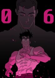  1boy bandaged_arm bandages belt black-framed_eyewear black_background black_hair blood blood_stain blue_eyes clark_kent clark_kent_(civilian) closed_eyes dc_comics dual_persona glasses highres jake_wyatt male_focus muscular muscular_male my_adventures_with_superman official_art superman superman_(series) tank_top white_tank_top 