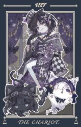  1girl animalization bandaged_arm bandages bare_shoulders black_cat black_gloves black_hair black_hat black_kimono black_ribbon blue_border blue_hairband border bow butterfly_hair_ornament butterfly_hat_ornament butterfly_print_kimono card cat checkered_sleeves dress floral_print floral_print_kimono flower frilled_hairband frilled_sleeves frills full_body furisode gloves goggles goggles_on_headwear hair_ornament hair_over_one_eye hairband hat hat_flower hat_ornament holding holding_card housho_margo japanese_clothes kimono lolita_fashion lolita_hairband long_hair long_sleeves looking_at_viewer mahou_shoujo_no_majo_saiban mini_hat mini_top_hat neck_ribbon off-shoulder_dress off_shoulder one_eye_covered polka_dot polka_dot_bow print_kimono ribbon short_hair smile solo tail tail_bow tail_ornament tarot tarot_card teeth the_chariot_(tarot) thumpthum top_hat violet_eyes wa_lolita white_cat white_hair wide_sleeves 