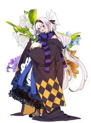 1girl :d absurdres bare_shoulders black_robe blue_dress blue_eyes blue_flower boots braid brown_boots commentary_request dress floral_background flower full_body half_up_braid hamayumiba_sou highres lace-trimmed_dress lace_trim long_hair looking_at_viewer low-tied_long_hair majo_no_hanaya-san mamoru-kun_(majo_no_hanaya-san) mandragora open_mouth orange_flower purple_flower purple_scarf robe scarf sleeveless sleeveless_dress smile solo standing very_long_hair white_flower white_hair yoshino_york 