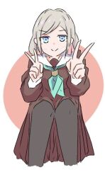  1girl aqua_neckerchief black_pantyhose blue_eyes border brown_dress ceras_yanagida_lilienfeld closed_mouth commentary cropped_legs double_v dress grey_hair hair_ribbon hasu_no_sora_school_uniform long_hair long_sleeves looking_at_viewer love_live! love_live!_hasu_no_sora_jogakuin_school_idol_club mifukuzawa neckerchief outside_border pantyhose pink_ribbon red_background ribbon round_border sailor_collar sailor_dress school_uniform simple_background sitting smile solo untranslatable_commentary v virtual_youtuber white_border white_sailor_collar winter_uniform 
