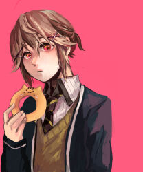  1boy black_jacket brown_hair cat_symbol diagonal-striped_clothes diagonal-striped_necktie doughnut food hair_ornament hairclip hand_up highres holding holding_donut holding_food jacket long_sleeves looking_at_viewer male_focus masamune-kun_no_revenge necktie open_clothes open_jacket parted_lips pink_background ponytail red_eyes saturated_background school_uniform short_hair short_ponytail shuri_kojuurou sidelocks simple_background solo striped_clothes striped_necktie sweater_vest trap umeume332 upper_body x_hair_ornament yellow_sweater_vest 