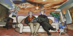  2boys absurdres blonde_hair bubble chinese_commentary collared_shirt commentary_request couple earth_(planet) highres indoors lamp lizard lycaenopsis male_focus multiple_boys original pants planet plant robe sandals scenery shirt stairs statue surreal sweater table tree white_shirt 