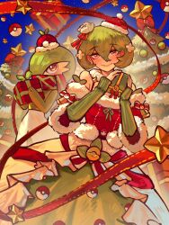  2girls blush bob_cut box christmas christmas_ornaments christmas_tree dress flower gardevoir gift gift_box goldenfish green_hair hair_flower hair_ornament hat highres holding holding_gift multiple_girls personification poke_ball poke_ball_(basic) poke_ball_symbol pokemon pokemon_(creature) santa_hat scarf smile tree 