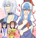  1boy 3girls blush collar glasses heart hetero kamishirasawa_keine long_hair morichika_rinnosuke multiple_girls red_eyes sag_(karehabase) smile touhou yellow_eyes 