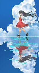  1girl ascot black_shoes blue_sky brown_eyes brown_hair chinese_commentary clouds commentary_request day detached_sleeves frilled_hair_tubes frilled_skirt frills from_side full_body hair_tubes hakurei_reimu high_heels highres kori_morri loafers long_hair looking_at_viewer outdoors red_skirt reflection reflective_liquid ribbon-trimmed_sleeves ribbon_trim shoes skirt skirt_set sky socks solo touhou white_socks yellow_ascot 