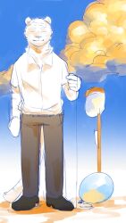  176_rumarumaru 1boy animal_ears balloon black_pants blue_sky button-down_collar closed_eyes clouds cloudy_sky collared_shirt colored_lineart commentary_request furry furry_male highres holding holding_balloon long_sleeves male_focus original pants shirt shoes short_sleeves sky solo tail thick_eyebrows tiger_boy tiger_ears tiger_tail 