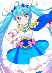  1girl absurdres blue_cape blue_dress blue_eyes blue_hair bow brooch cape closed_mouth cowboy_shot cure_sky cut_bangs detached_sleeves dress dress_bow earrings fingerless_gloves frilled_dress frills gloves gradient_hair hair_ornament highres hirogaru_sky!_precure jewelry long_hair looking_at_viewer magical_girl mmmera827 multicolored_hair pink_bow pink_hair precure puffy_detached_sleeves puffy_sleeves red_cape revision short_dress simple_background single_earring single_sidelock sleeveless sleeveless_dress smile solo sora_harewataru standing streaked_hair thigh-highs twintails two-sided_cape two-sided_fabric two-tone_dress two-tone_hair very_long_hair white_background white_dress white_gloves white_thighhighs wing_brooch wing_hair_ornament 