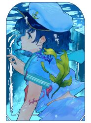  1girl absurdres anchor_symbol blue_eyes blue_hair commentary_request eneshi from_side green_eyes green_sailor_collar hat highres medium_hair murasa_minamitsu puffy_short_sleeves puffy_sleeves sailor_collar sailor_hat seaweed shirt short_sleeves solo touhou underwater water white_shirt 