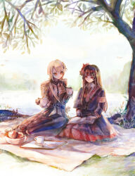  2girls absurdres aiguillette apple armband artist_name belt black_capelet black_coat black_gloves black_hair black_pants black_shirt black_skirt blonde_hair capelet closed_mouth coat collared_shirt crown cup curtained_hair diamond_hair_ornament epaulettes flower food fruit fruit_bowl gloves grass hair_flower hair_ornament hasumi_leia high_collar highres holding holding_cup holding_teapot hoyama_hoya lake layered_skirt leaning_forward long_hair long_skirt long_sleeves looking_at_another mahou_shoujo_no_majo_saiban mini_crown multiple_girls necktie nikaido_hiro overskirt pants picnic_blanket plaid_clothes plaid_necktie plaid_skirt pleated_skirt red_armband red_eyes red_flower red_necktie red_skirt sash seiza shirt short_hair shoulder_sash side_capelet signature sitting skirt smile teacup teapot tray tree twitter_username under_tree white_shirt yellow_eyes yokozuwari yuri 