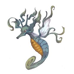  animal_focus commentary_request fish full_body kingdra looking_ahead no_humans pokemon pokemon_(creature) red_eyes seahorse shie-k simple_background solo white_background 