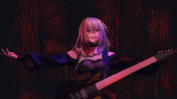  1girl bang_dream! bang_dream!_it's_mygo!!!!! black_dress blonde_hair brown_corset clothing_cutout commentary_request corset doloris_(bang_dream!) dress electric_guitar guitar highres instrument long_sleeves medium_hair misumi_uika open_mouth outstretched_arms photo-referenced sasaki_rico seine_(hanamukes) shoulder_cutout solo teeth upper_body upper_teeth_only violet_eyes 