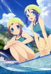  2girls absurdres blue_eyes blue_hair blush brown_hair clouds hat highres hiradaira_chisaki legs mukaido_manaka multiple_girls nagi_no_asukara nyantype official_art open_mouth poolside school_swimsuit sky smile swimsuit water 