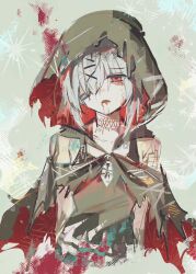  1girl arm_tattoo bandaid bandaid_on_face bare_shoulders black_dress black_tank_top blood blood_from_mouth chest_sarashi colored_inner_hair dress gauze_on_arm grey_hair hair_ornament hair_over_one_eye highres looking_at_viewer mahou_shoujo_no_majo_saiban mirage_mnsb multicolored_hair one_eye_covered red_eyes red_hair sarashi shito_alisa short_hair solo stitched_face stitches straight-on tank_top tattoo torn_clothes torn_dress upper_body x_hair_ornament 