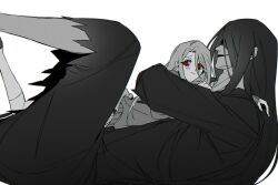  1boy 1girl adashino_adami bbabbamis2 commentary_request hetero highres homicipher hug japanese_clothes kimono korean_commentary leg_up long_hair looking_to_the_side lying lying_on_another mr._crawling on_back on_stomach red_eyes ringed_eyes spot_color sweater torn_clothes 