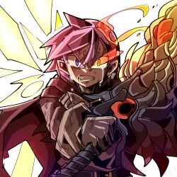  1boy angel_halo_(mon-musu_quest!) angry belt black_belt blue_eyes blue_hair brown_gloves brown_shirt cape clenched_hands commentary_request crying crying_with_eyes_open double-parted_bangs energy_wings flaming_eye genman gloves glowing glowing_sword glowing_weapon hair_between_eyes heterochromia highres holding holding_sword holding_weapon korean_commentary long_bangs long_sleeves luka_(mon-musu_quest!) male_focus mon-musu_quest! red_cape shaded_face shirt short_hair solo spoilers sword tears v-shaped_eyebrows weapon white_background yellow_eyes 
