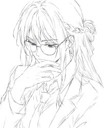  1girl braid collared_shirt commentary earrings english_commentary glasses greyscale half_up_braid hand_on_own_chin highres jacket jewelry long_hair monochrome necktie school_uniform sendai_hazuki shirt shuuniichido_classmate_wo_kau_hanashi silvxrkrw solo spot_color stud_earrings upper_body violet_eyes 