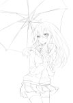  1girl absurdres chabaneko highres long_hair monochrome original simple_background sketch skirt solo thighhighs umbrella white_background 