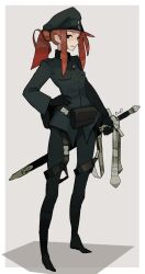  1girl absurdres belt_pouch black_boots black_pants boots breast_pocket breasts character_request collar_tabs deo_artist full_body hand_on_own_hip hat high_collar highres holding holding_sword holding_weapon long_hair looking_at_viewer non-web_source original pants parted_lips peaked_cap pocket ponytail pouch red_hair shoulder_boards sideways_glance small_breasts solo standing sword weapon 