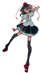  1girl :d ^_^ absurdres arm_up black_hair black_ribbon black_skirt black_thighhighs blouse camera closed_eyes collared_shirt facing_viewer full_body hat highres holding holding_camera leg_up long_legs neck_ribbon notice_lines one_eye_covered open_mouth petticoat pixel_art puffy_short_sleeves puffy_sleeves red_shoes ribbon ribbon-trimmed_skirt ribbon_trim rrrssr shameimaru_aya shirt shoes short_sleeves skirt smile solo tassel thigh-highs tokin_hat touhou transparent_background v-shaped_eyebrows white_shirt wing_collar zettai_ryouiki 