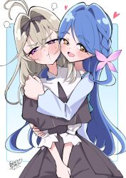  2girls :d :t absurdres ahoge antenna_hair black_dress black_hairband blue_background blue_hair blue_shirt blush bow braid capelet cheek-to-cheek commentary_request dated dress flower grey_hair hair_between_eyes hair_bow hair_flower hair_intakes hair_ornament hairband half-closed_eyes heads_together heart highres howa_kurea hug hug_from_behind long_hair long_sleeves looking_at_viewer meitantei_precure! moria_luluka multiple_girls nbnbmanamin open_mouth own_hands_together pout precure puff_of_air shirt side_braid signature simple_background smile v_arms violet_eyes yellow_eyes yuri 