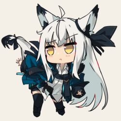  1girl ahoge animal_ear_fluff animal_ears black_shoes black_shorts black_thighhighs blue_jacket chibi collared_shirt crossed_bangs double-parted_bangs ear_ornament ear_ribbon fox_ears fox_girl fox_tail jacket long_hair lowres nagishiro_mito original pout ribbon shirt shoes shorts sidelocks simple_background solo tail tail_ornament tail_ribbon thigh-highs two-tone_tail white_background white_hair white_shirt white_tail yellow_eyes 