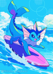  :d blue_eyes bright_pupils clouds commentary_request day full_body highres nikoru no_humans open_mouth outdoors pokemon pokemon_(creature) pokemon_focus sky smile solo surfboard surfing twitter_username vaporeon water watermark waves white_pupils 