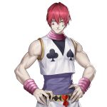  1boy biceps club_(shape) facial_mark hair_down heart highres himmel_(allsky83) hisoka_morow hunter_x_hunter looking_at_viewer male_focus redhead smile solo spade_(shape) star_(symbol) tattoo teardrop_tattoo yellow_eyes 