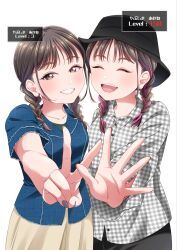  1girl absurdres animification black_hair black_hat braid breasts bucket_hat buttons character_name closed_eyes collared_shirt commentary_request cowboy_shot facing_viewer fingernails grey_nails grin hand_up hat highres long_hair long_sleeves looking_at_viewer multicolored_hair nail_polish nico_ron_nico open_hand open_mouth real_life red_hair shirt short_sleeves simple_background smile teeth twin_braids two-tone_hair upper_teeth_only v voice_actor white_background yabushima_akane 