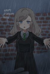  2girls black_jacket black_skirt black_sweater_vest blazer blue_eyes brick_wall ceras_yanagida_lilienfeld churhami collared_shirt commentary dated female_pov green_necktie grey_hair hair_ribbon happy_birthday highres jacket katsuragi_izumi long_hair looking_at_viewer love_live! love_live!_hasu_no_sora_jogakuin_school_idol_club mizukawa_school_uniform multiple_girls necktie open_clothes open_jacket outdoors pink_ribbon pleated_skirt pov rain ribbon school_uniform shirt skirt solo_focus sweater_vest untranslatable_commentary virtual_youtuber wet white_shirt 