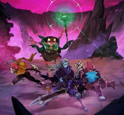  1990s_(style) 1girl 1other 2boys absolum_(game) antique_firearm baggy_pants beard black_cape black_sclera blue_skin blunderbuss brome_(absolum) cape capelet cider_(absolum) clenched_hand colored_sclera colored_skin commentary crater david_liu dwarf elf english_commentary eyepatch facial_hair fantasy fighting_stance fingerless_gloves frog_boy full_body galandra_(absolum) gloves glowing glowing_eyes green_cape green_eyes gun gun_on_back highres holding holding_sword holding_weapon hood hooded_cape huge_weapon karl_(absolum) knee_pads long_hair mage_staff mechanical_arms multiple_boys official_art pants pointy_ears red_cape red_eyes red_hair red_skin retro_artstyle scar scar_on_cheek scar_on_face scarf short_hair single_glove staff sunrise_stance sword weapon weapon_on_back yellow_capelet yellow_scarf zweihander 