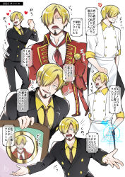  1boy apron black_00g blonde_hair chef cigarette curly_eyebrows facial_hair formal_clothes goatee hair_over_one_eye highres male_focus mustache_stubble necktie one_piece sanji_(one_piece) solo stubble suit waist_apron 