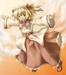  1girl blonde_hair blue_hair bow fang hair_bow headdress outstretched_arms solo sunny_milk touhou twintails wide_sleeves yuran_(kuen-hien) 