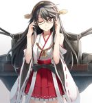  1girl bare_shoulders black_hair blush brown_eyes detached_sleeves frilled_skirt frills glasses hairband haruna_(kantai_collection) japanese_clothes kantai_collection long_hair looking_at_viewer miko personification skirt smile solo wide_sleeves wink yashiro_(silver_will) 