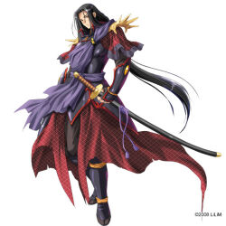  1boy 2008 arm_guards armor black_hair black_pants boots closed_mouth copyright_notice frown full_body holding holding_sheath holding_sword holding_weapon katana kinmedai_pink long_hair looking_at_viewer male_focus official_art pants red_eyes scabbard sheath sheathed shiranui_kenshin shoulder_armor shoulder_spikes shouryuu_senki_tenmu simple_background solo spikes standing sword tachi-e tassel third-party_source vambraces very_long_hair weapon white_background 