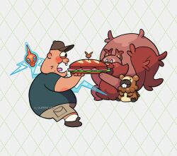  1boy :3 alt_text argyle_background baseball_cap bidoof blue_eyes blue_shirt blush bread brown_hat brown_shoes brown_shorts buck_teeth closed_mouth commentary crossover east-west_crossover english_commentary fat fat_man food gravity_falls greedent hat holding holding_food holding_sandwich l0verseyes lettuce open_mouth pokemon pokemon_(creature) pokemon_team rotom rotom_(normal) sandwich shirt shoes short_sleeves shorts smile socks soos_ramirez submarine_sandwich teeth tomato tomato_slice tongue twitter_username white_background white_socks 