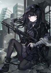  ammunition_pouch bandaged_arm bandages black_choker black_dress black_gloves black_hat black_pantyhose black_ribbon black_shoes choker crack cracked_floor dress expressionless gloves goggles goggles_on_headwear grey_eyes gun hat highres holding holding_gun holding_weapon kurobe_nanoka looking_at_viewer magical_girl mahou_shoujo_no_majo_saiban on_one_knee pantyhose post-apocalypse pouch ribbon rifle ruins shoes sugisaki_yuu weapon 