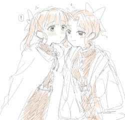  ! 2girls blush butterfly_hair_ornament closed_mouth demon_slayer_uniform hair_ornament haori jacket japanese_clothes kimetsu_no_yaiba kochou_shinobu monochrome multiple_girls numoo10233 pleated_skirt skirt smile spoken_exclamation_mark sweat tsuyuri_kanao yuri 