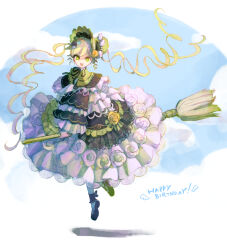  1girl :d asymmetrical_footwear black_bow black_bowtie black_capelet black_flower black_rose black_shoes blonde_hair bonnet bow bow_flower bowtie broom broom_riding capelet clouds dress flower flower-trimmed_dress flower-trimmed_skirt frilled_capelet frilled_dress frilled_skirt frilled_sleeves frills full_body green_bonnet green_eyes green_shoes hair_flower hair_ornament happy_birthday highres hoyama_hoya layered_dress lolita_fashion long_hair long_sleeves looking_at_viewer mahou_shoujo_no_majo_saiban mismatched_footwear open_mouth rose shoes skirt sky smile socks solo tono_hanna twintails two-tone_dress white_background white_flower white_rose white_socks wide_sleeves winged_hat yellow_flower yellow_rose 