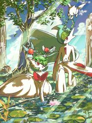  5others bob_cut cape colored_skin dress fletchling flower_wreath gallade gardevoir green_hair hair_over_one_eye highres kaguya_hobby light_rays mega_gallade mega_gardevoir mega_pokemon multiple_others pokemon pokemon_(creature) red_eyes smile togetic tree water white_dress white_skin 