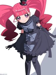  1girl a-line_dress black_dress black_gloves black_thighhighs bow dress dress_bow elbow_gloves eto151110 gloves highres leaning_to_the_side long_hair looking_at_viewer marie_&amp;_gali marika_(marie_&amp;_gali) mole mole_under_eye pink_hair puffy_short_sleeves puffy_sleeves short_sleeves simple_background single_sidelock smile solo thigh-highs twintails twitter_username violet_eyes white_background 