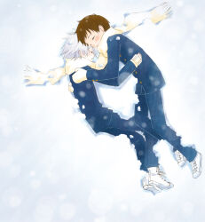  2boys blush brown_hair closed_eyes commentary_request from_above gakuran gloves grey_hair hug ikari_shinji male_focus mittens multiple_boys nagisa_kaworu neon_genesis_evangelion photoshop_(medium) scarf school_uniform shared_clothes shared_scarf sleeping snow white_hair winter yoshimiko 